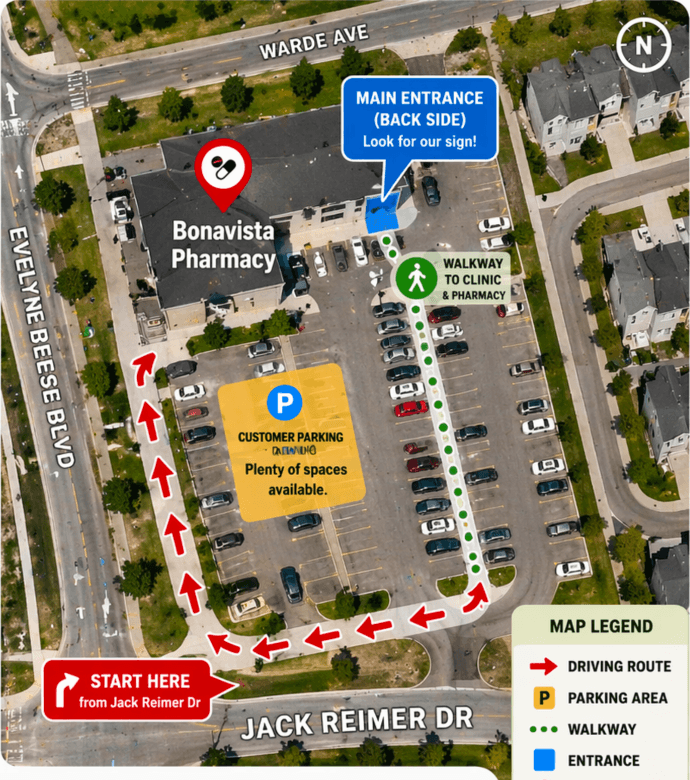 Bonavista Pharmacy location guide showing driving route, customer parking in the back, and walkway to the clinic and pharmacy entrance.