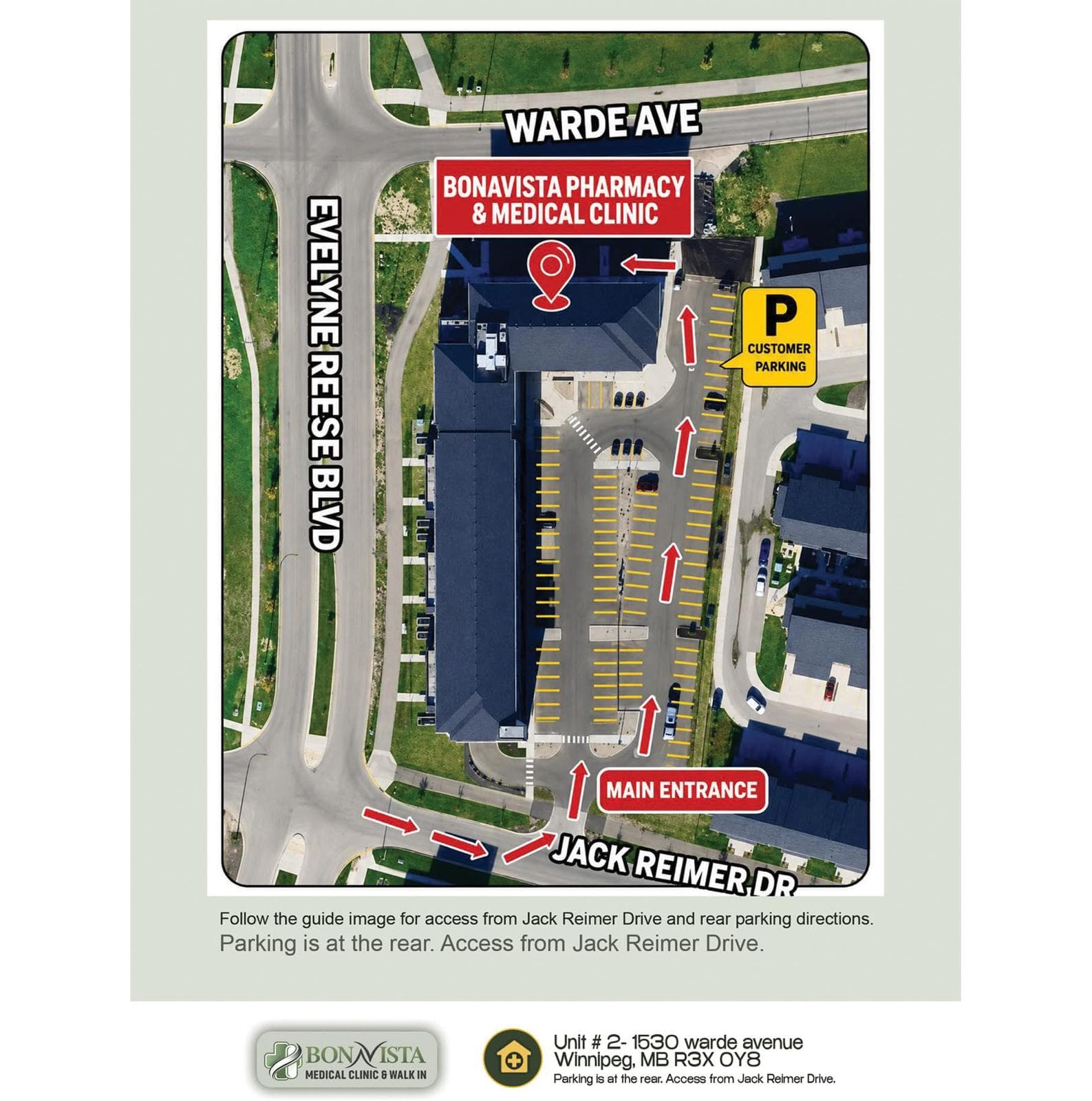 Aerial parking and entrance directions for Bonavista Pharmacy and Medical Clinic